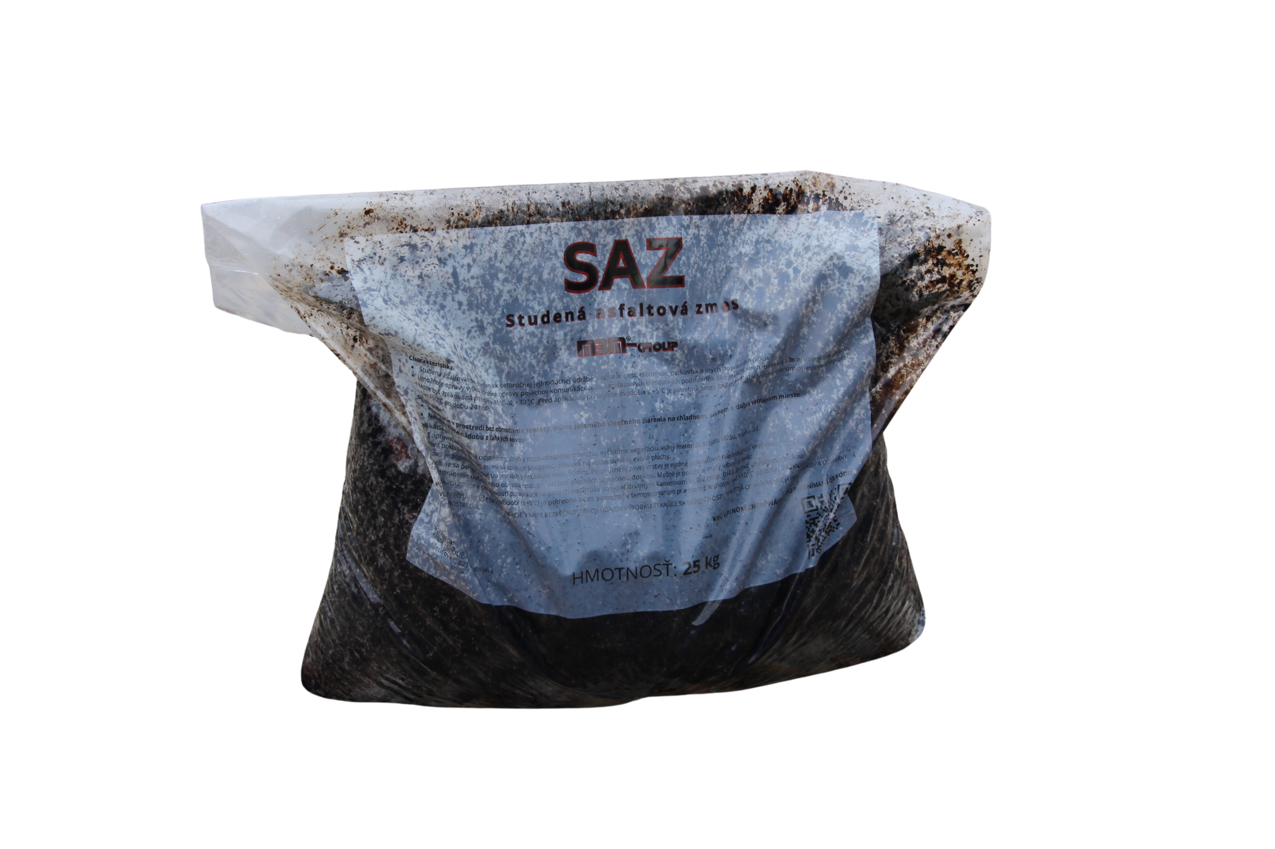 Detailné balenie 25 kg vreca Studenej asfaltovej zmesi (SAZ) s logom MBM-Group určenej na okamžitú opravu výtlkov.